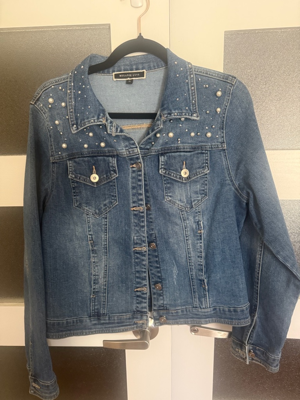 Melanie Lyne Blue Pearl-Embellished Denim Jacket